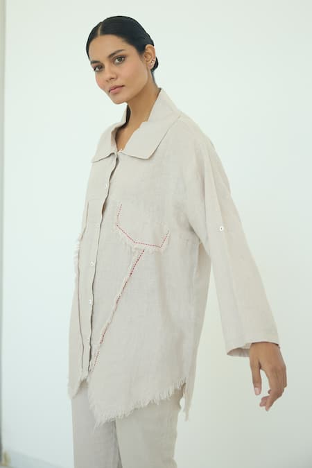 Shop Nirvanaa Beige Kantha Patchwork Shirt 