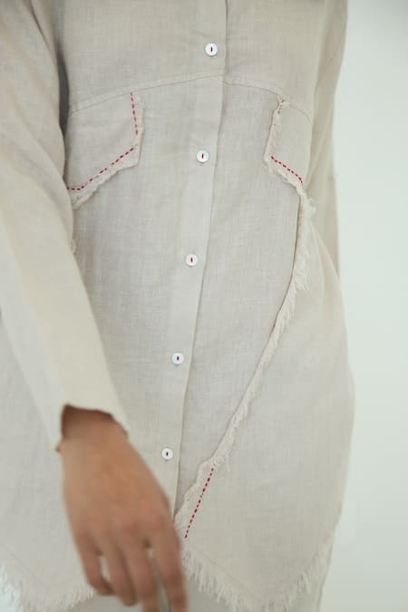 Shop Nirvanaa_Beige Linen Embroidery, Patchwork Kantha Shirt _Online_at_Aza_Fashions