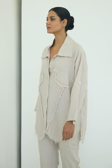 Buy_Shop Nirvanaa_Beige Linen Embroidery, Patchwork Kantha Shirt _Online_at_Aza_Fashions