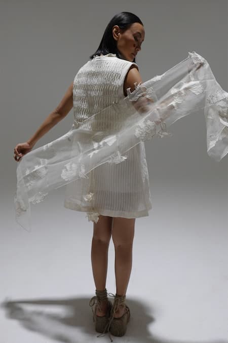 Shop_Ahmev_Ivory Applique, Embroidery Silk Organza Scarf _at_Aza_Fashions