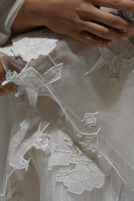 Ahmev_Ivory Applique, Embroidery Silk Organza Scarf _Online_at_Aza_Fashions