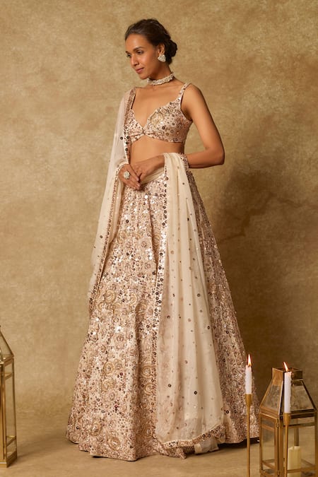 Masumi Mewawalla_Beige Silk Sequins, Cut Work Sweetheart Neck Gardenia Embroidered Lehenga Set _at_Aza_Fashions