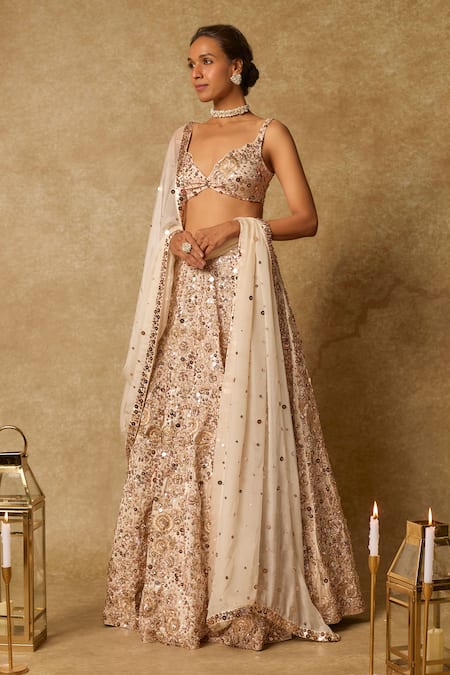 Buy_Masumi Mewawalla_Beige Silk Sequins, Cut Work Sweetheart Neck Gardenia Embroidered Lehenga Set 
