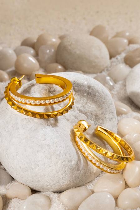 Shop Anaash Gold Plated Beads Geometric Carved Hoops at Aza Fashions Shop_Anaash_Gold Plated Beads Geometric Carved Hoops_at_Aza_Fashions