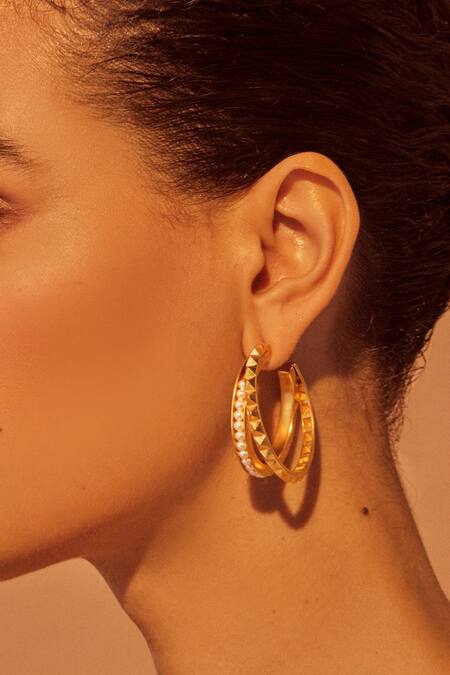 Anaash Gold Plated Beads Geometric Carved Hoops Online at Aza Fashions Anaash_Gold Plated Beads Geometric Carved Hoops_Online_at_Aza_Fashions