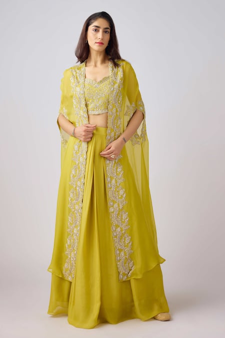 Shop_Basanti - Kapde Aur Koffee_Yellow Cotton, Silk Cut Work, Sequins Sweetheart Embroidered Cape And Lehenga Set_Online_at_Aza_Fashions