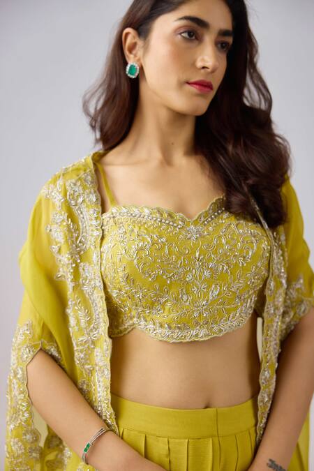 Basanti - Kapde Aur Koffee_Yellow Cotton, Silk Cut Work, Sequins Sweetheart Embroidered Cape And Lehenga Set_Online_at_Aza_Fashions