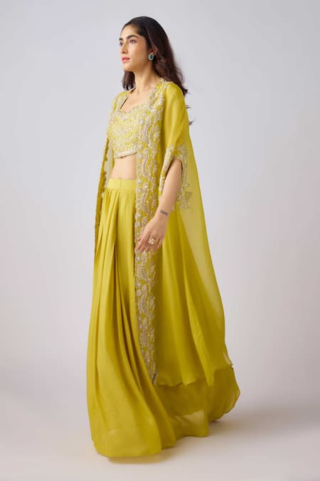Buy_Basanti - Kapde Aur Koffee_Yellow Cotton, Silk Cut Work, Sequins Sweetheart Embroidered Cape And Lehenga Set_Online_at_Aza_Fashions