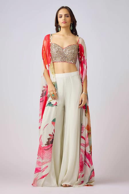 Basanti - Kapde Aur Koffee x AZA Floral Print Cape & Flared Pant Set 