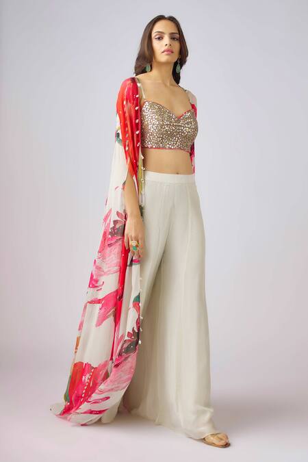 Basanti - Kapde Aur Koffee_Multi Color Silk, Crepe Sequins, Beads Floral Print Cape And Flared Pant Set_Online_at_Aza_Fashions