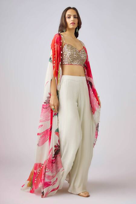 Buy_Basanti - Kapde Aur Koffee_Multi Color Silk, Crepe Sequins, Beads Floral Print Cape And Flared Pant Set_Online_at_Aza_Fashions