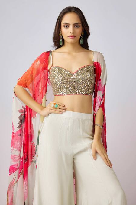 Shop_Basanti - Kapde Aur Koffee_Multi Color Silk, Crepe Sequins, Beads Floral Print Cape And Flared Pant Set_Online_at_Aza_Fashions