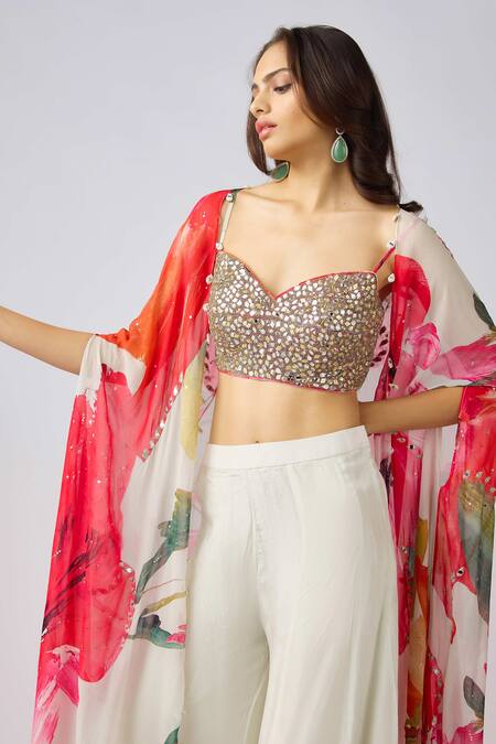 Basanti - Kapde Aur Koffee_Multi Color Silk, Crepe Sequins, Beads Floral Print Cape And Flared Pant Set_at_Aza_Fashions
