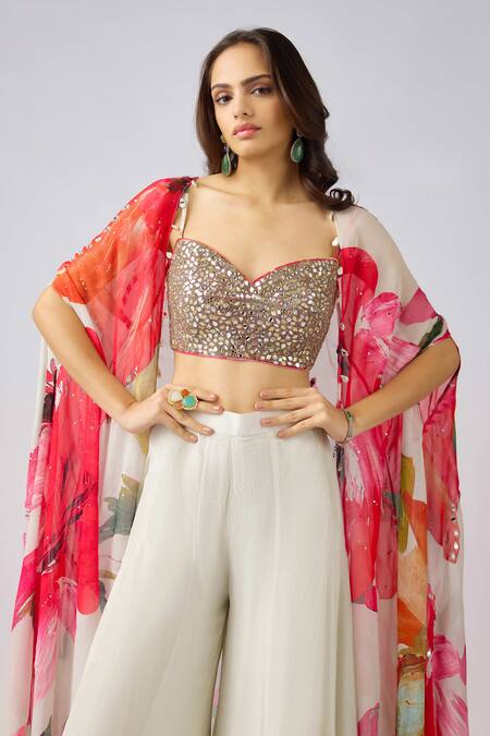 Buy_Basanti - Kapde Aur Koffee_Multi Color Silk, Crepe Sequins, Beads Floral Print Cape And Flared Pant Set