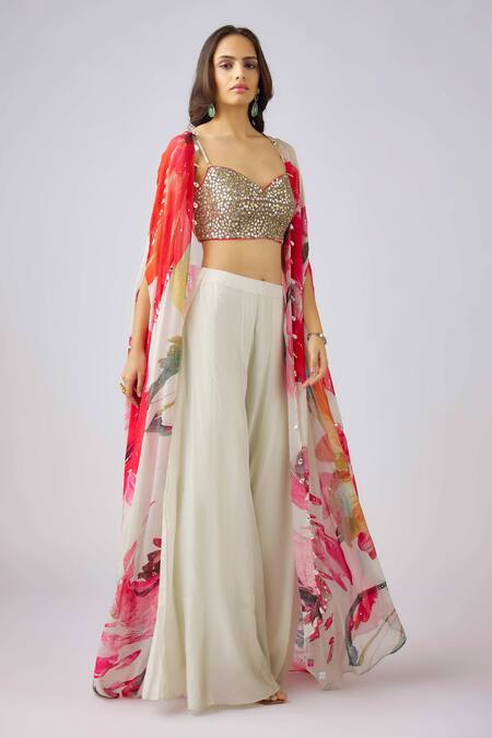 Shop_Basanti - Kapde Aur Koffee_Multi Color Silk, Crepe Sequins, Beads Floral Print Cape And Flared Pant Set