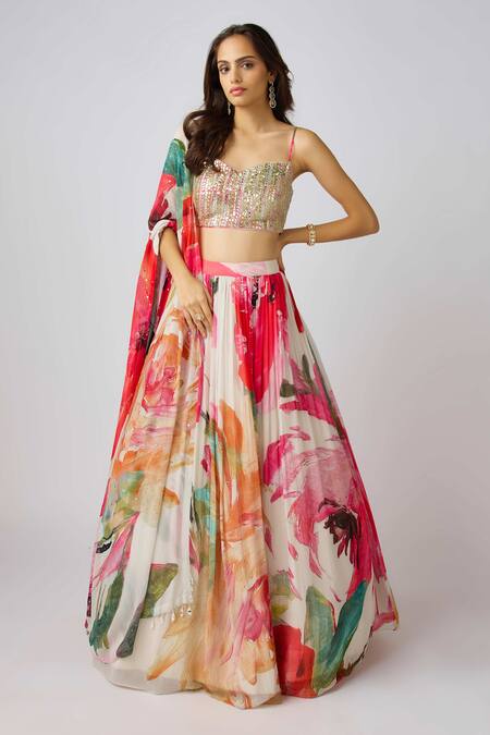 Basanti - Kapde Aur Koffee Multi Color Georgette Sequins, Beads, Zari, Floral Print Pleated Lehenga Set Online at Aza Fashions Basanti - Kapde Aur Koffee_Multi Color Georgette Sequins, Beads, Zari, Floral Print Pleated Lehenga Set_Online_at_Aza_Fashions