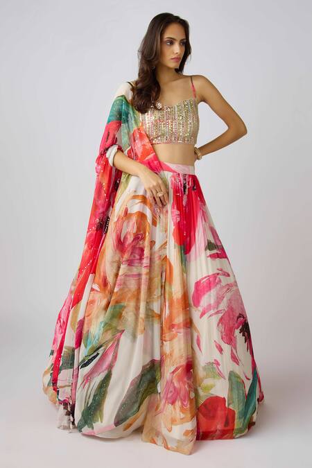 Shop Basanti - Kapde Aur Koffee Multi Color Georgette Sequins, Beads, Zari, Floral Print Pleated Lehenga Set Online at Aza Fashions Shop_Basanti - Kapde Aur Koffee_Multi Color Georgette Sequins, Beads, Zari, Floral Print Pleated Lehenga Set_Online_at_Aza_Fashions