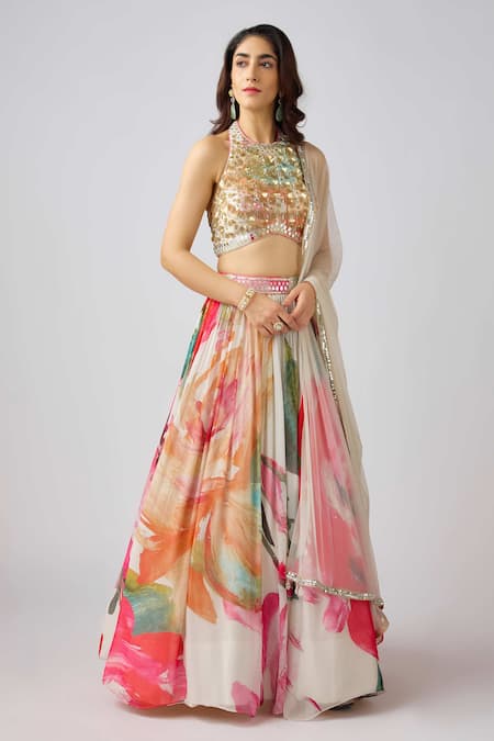 Basanti - Kapde Aur Koffee_Multi Color Georgette Sequins, Mirrors Fower Bloom Print Pleated Lehenga Set_Online_at_Aza_Fashions