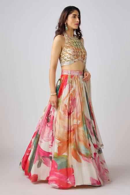 Buy_Basanti - Kapde Aur Koffee_Multi Color Georgette Sequins, Mirrors Fower Bloom Print Pleated Lehenga Set_Online_at_Aza_Fashions
