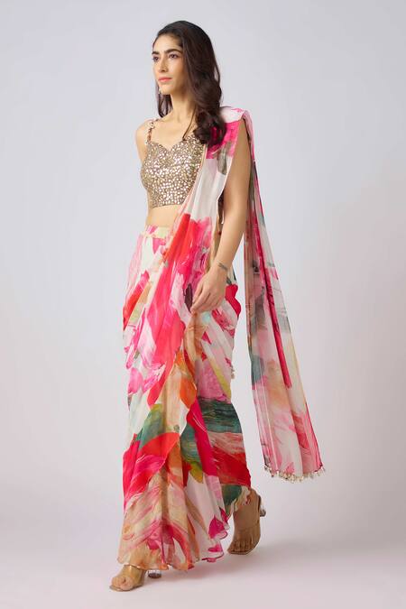 Basanti - Kapde Aur Koffee_Multi Color Georgette Mirrors, Beads, Garden Print Pre-draped Saree With Blouse_Online_at_Aza_Fashions
