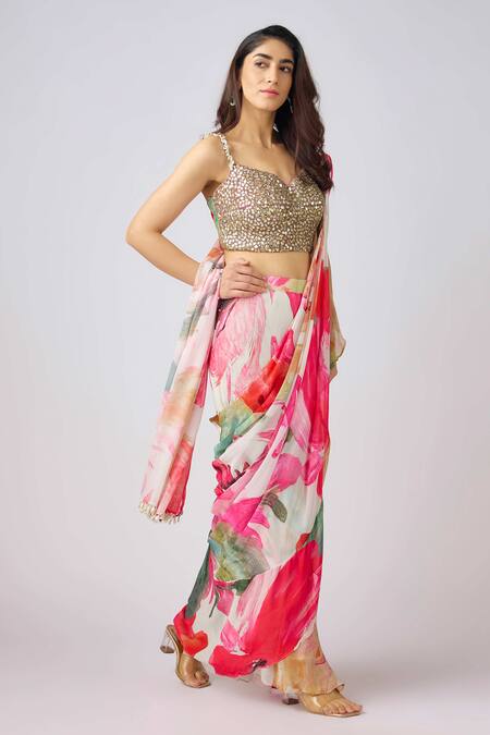 Shop_Basanti - Kapde Aur Koffee_Multi Color Georgette Mirrors, Beads, Garden Print Pre-draped Saree With Blouse_Online_at_Aza_Fashions