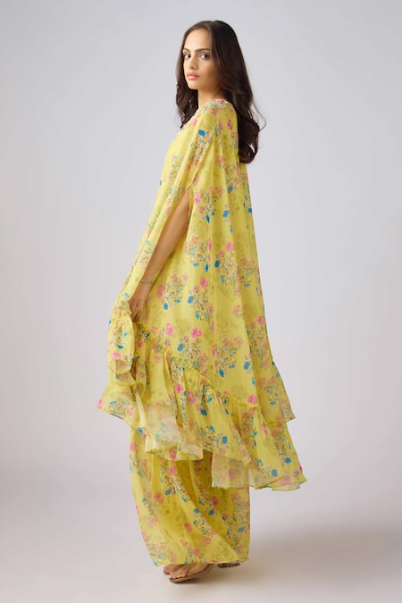Buy_Basanti - Kapde Aur Koffee X AZA_Yellow Sweetheart , Round Floral Print Cape And Sharara Set _Online_at_Aza_Fashions