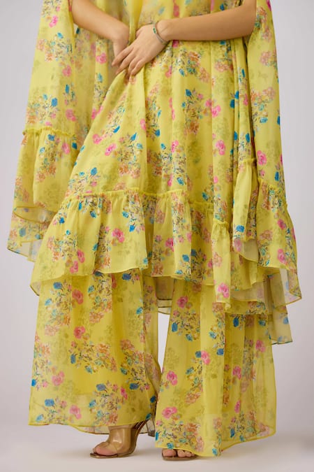 Shop_Basanti - Kapde Aur Koffee X AZA_Yellow Sweetheart , Round Floral Print Cape And Sharara Set _Online_at_Aza_Fashions