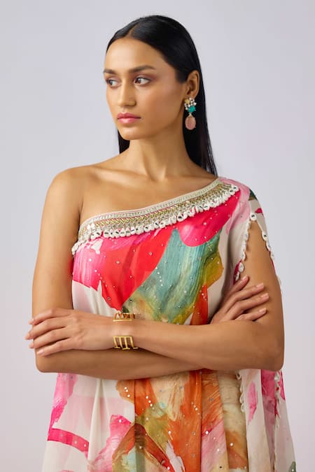 Basanti - Kapde Aur Koffee X AZA Multi Color Georgette Sequins, Mirrors, Printed One Shoulder Tunic Sharara Set Online at Aza Fashions Basanti - Kapde Aur Koffee X AZA_Multi Color Georgette Sequins, Mirrors, Printed One Shoulder Tunic Sharara Set _Online_at_Aza_Fashions