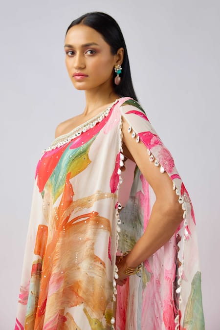Shop Basanti - Kapde Aur Koffee X AZA Multi Color Georgette Sequins, Mirrors, Printed One Shoulder Tunic Sharara Set Online at Aza Fashions Shop_Basanti - Kapde Aur Koffee X AZA_Multi Color Georgette Sequins, Mirrors, Printed One Shoulder Tunic Sharara Set _Online_at_Aza_Fashions