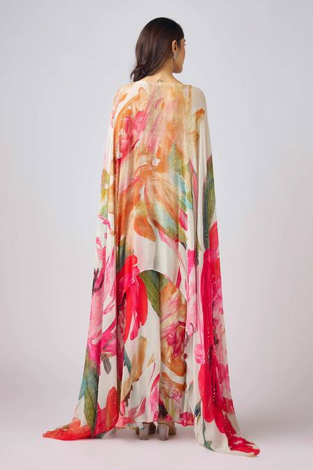 Shop Basanti - Kapde Aur Koffee Multi Color Georgette Mirrors, Sequins Square Botanical Print Cape Sharara Set at Aza Fashions Shop_Basanti - Kapde Aur Koffee_Multi Color Georgette Mirrors, Sequins Square Botanical Print Cape Sharara Set_at_Aza_Fashions