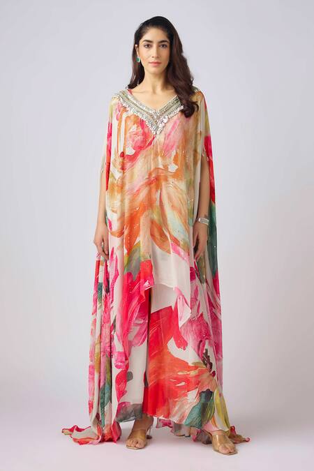 Basanti - Kapde Aur Koffee Multi Color Georgette Mirrors, Sequins Square Botanical Print Cape Sharara Set Online at Aza Fashions Basanti - Kapde Aur Koffee_Multi Color Georgette Mirrors, Sequins Square Botanical Print Cape Sharara Set_Online_at_Aza_Fashions