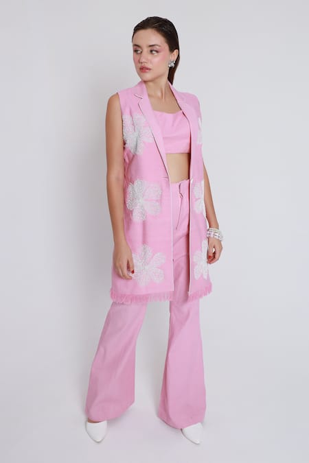Shagufta_Pink Denim Beads Round Neck Floral Embroidered Jacket Pant Set _Online_at_Aza_Fashions