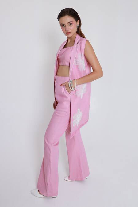 Buy_Shagufta_Pink Denim Beads Round Neck Floral Embroidered Jacket Pant Set _Online_at_Aza_Fashions