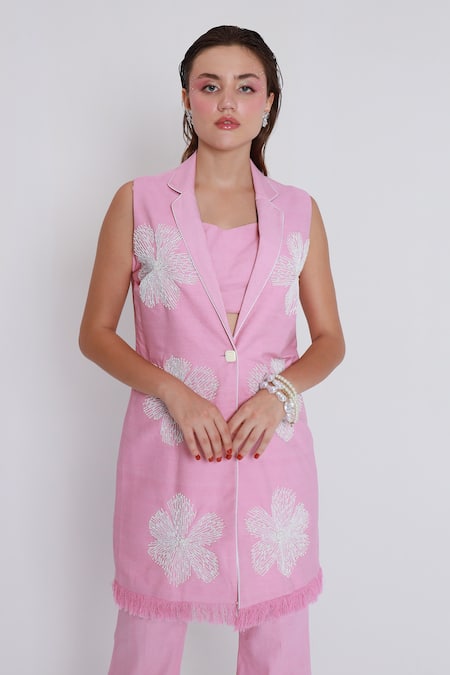 Shop_Shagufta_Pink Denim Beads Round Neck Floral Embroidered Jacket Pant Set _Online_at_Aza_Fashions