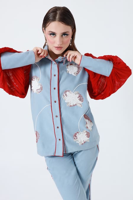 Shagufta_Blue Cotton Beads Collared Embroidered Shirt And Pant Set _Online_at_Aza_Fashions
