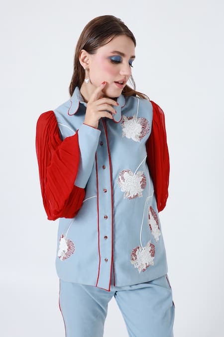 Buy_Shagufta_Blue Cotton Beads Collared Embroidered Shirt And Pant Set _Online_at_Aza_Fashions