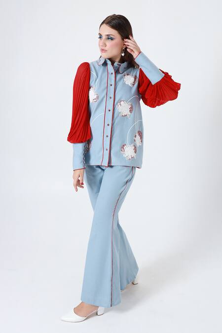 Shop_Shagufta_Blue Cotton Beads Collared Embroidered Shirt And Pant Set _Online_at_Aza_Fashions