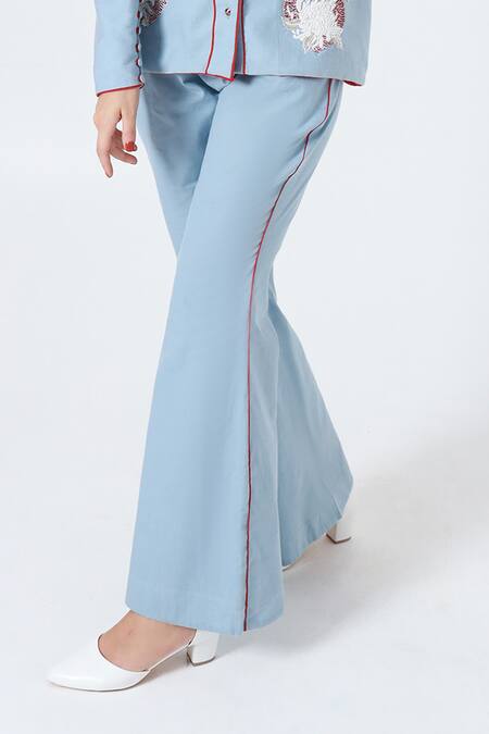 Shagufta_Blue Cotton Beads Collared Embroidered Shirt And Pant Set _at_Aza_Fashions