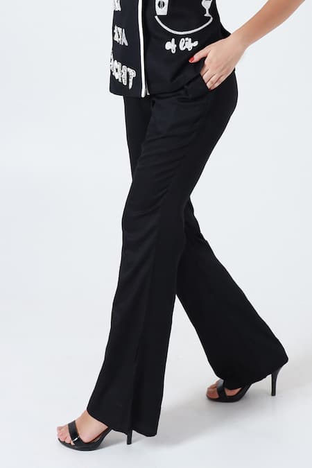 Shagufta_Black Cotton, Silk Beads, Pearls V-neck Embroidered Jacket And Pant Set _Online_at_Aza_Fashions