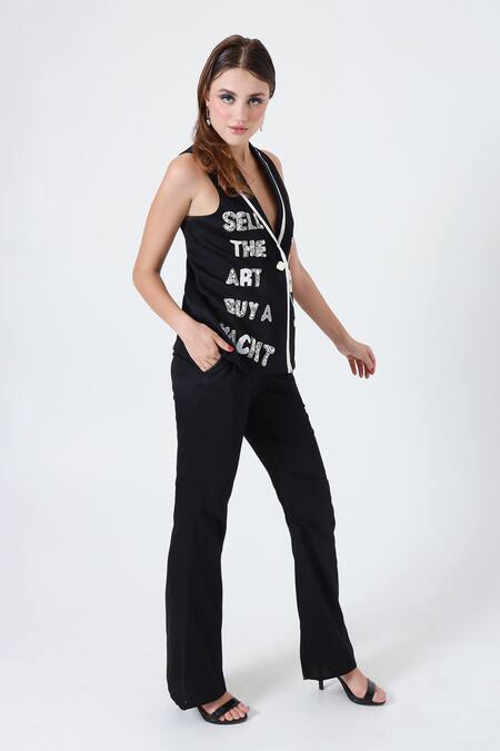 Buy_Shagufta_Black Cotton, Silk Beads, Pearls V-neck Embroidered Jacket And Pant Set _Online_at_Aza_Fashions