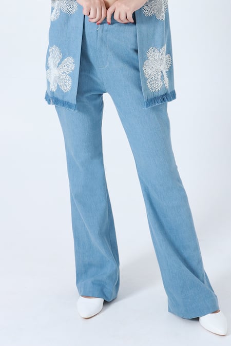 Shagufta_Blue Denim Pearls, Beads Collared Floral Embroidered Jacket And Pant Set _Online_at_Aza_Fashions