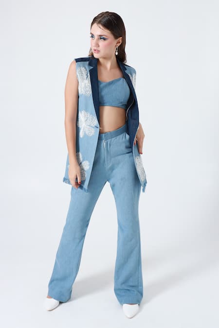 Buy_Shagufta_Blue Denim Pearls, Beads Collared Floral Embroidered Jacket And Pant Set _Online_at_Aza_Fashions