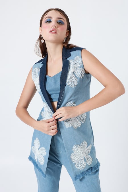 Shagufta_Blue Denim Pearls, Beads Collared Floral Embroidered Jacket And Pant Set _at_Aza_Fashions