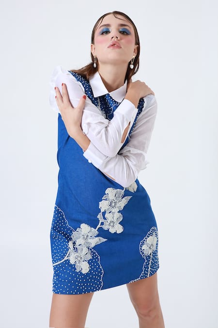 Shop_Shagufta_Blue Denim Cut Work, Pearls Collared Embroidered Dress With Peter Pan _Online_at_Aza_Fashions