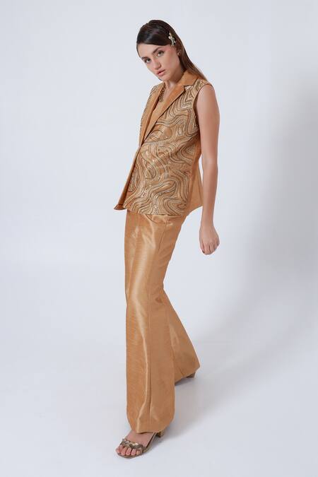 Shop_Shagufta_Gold Silk Sequins V-neck Cutdana Embroidered Jacket And Pant Set _Online_at_Aza_Fashions