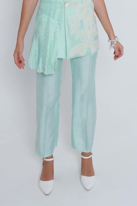 Shagufta_Blue Silk Pearls V-neck Embroidered Detail Jacket Pant Set _Online_at_Aza_Fashions