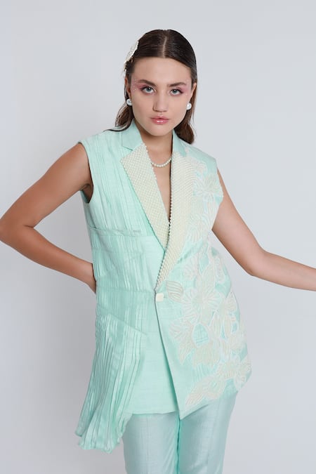 Buy_Shagufta_Blue Silk Pearls V-neck Embroidered Detail Jacket Pant Set _Online_at_Aza_Fashions