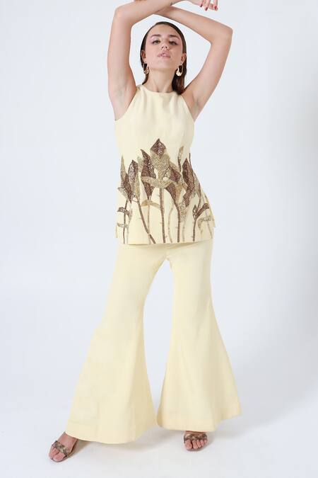 Shagufta_Beige Crepe Beads, Sequins Round Neck Embroidered Top And Pant Set _at_Aza_Fashions