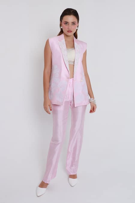 Shagufta_Pink Silk Pearls Collared Embroidered Jacket And Pant Set _Online_at_Aza_Fashions