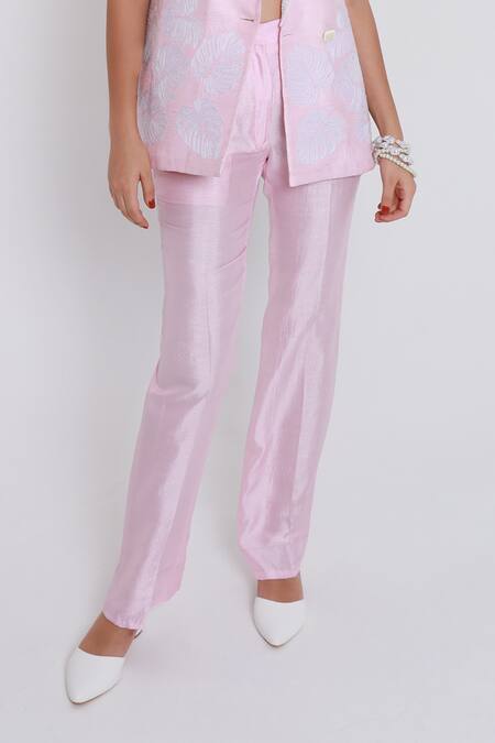 Buy_Shagufta_Pink Silk Pearls Collared Embroidered Jacket And Pant Set _Online_at_Aza_Fashions